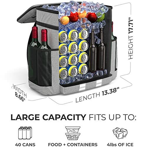 Large cooler filled with ice, cans, bottles, and fruits.