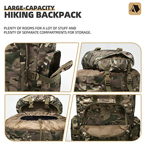 Camouflage hiking backpack with multiple compartments.