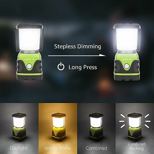 LED lantern with stepless dimming and light color options.