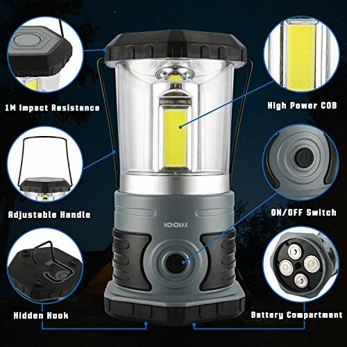 LED lantern with features including impact resistance, high power COB light, adjustable handle, on/off switch, hidden hook, and battery compartment.