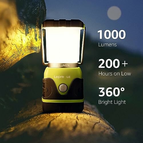 LED lantern on log with specs: 1000 Lumens, 200+ hours on low, 360° bright light.