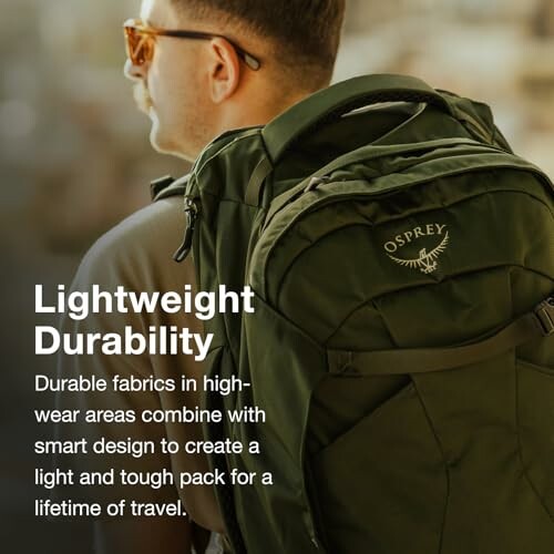 Man wearing a green Osprey backpack promoting lightweight durability.