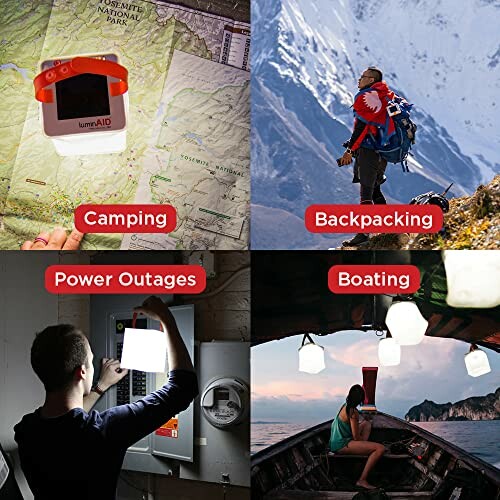 Various uses of LuminAID solar light: camping, backpacking, power outages, boating.