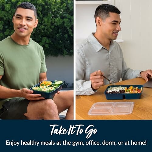 Man holding a meal prep container with healthy food options.