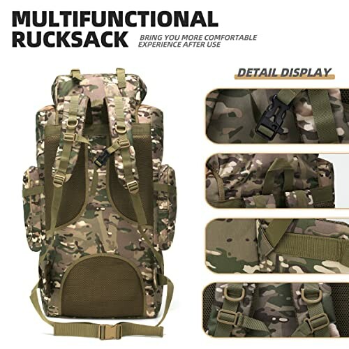 Camouflage multifunctional rucksack with detailed features displayed.