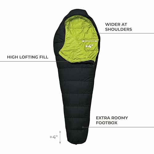 Mummy sleeping bag with wider shoulders, high lofting fill, and extra roomy footbox.