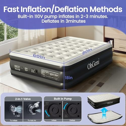 OhGeni air mattress with built-in pump and fast inflation methods.