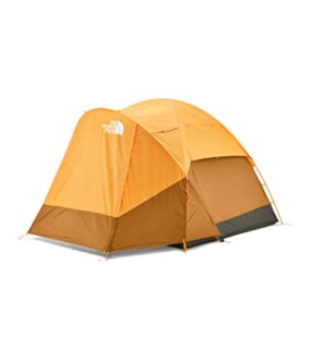 Orange camping tent with rainfly