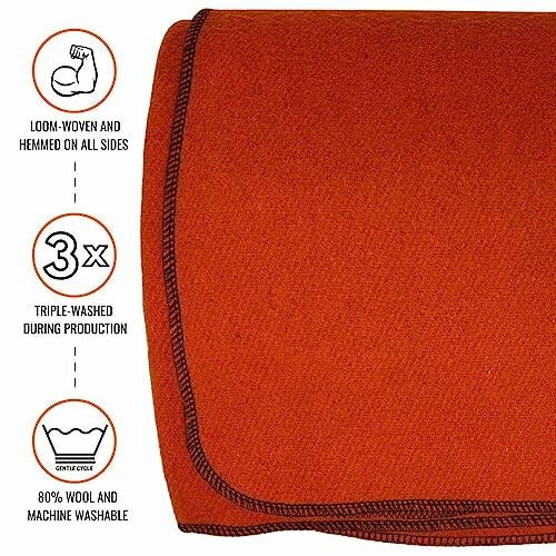 Orange wool blanket, loom-woven, triple-washed, machine washable.