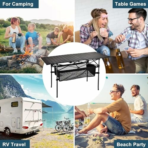 Collage of outdoor activities: camping, table games, RV travel, beach party.