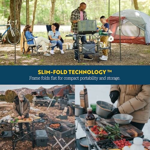 People enjoying a camping setup with a portable folding table and cooking gear.