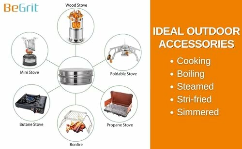 Various types of outdoor cooking stoves and accessories.