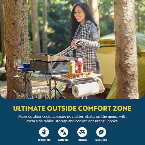 Woman cooking on an outdoor grill at a campsite.