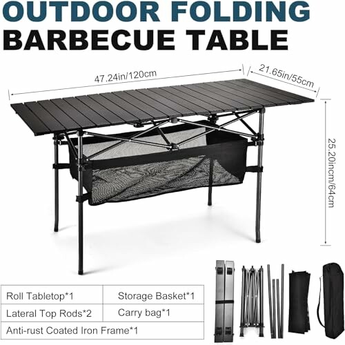 Outdoor folding barbecue table with storage basket and carry bag.