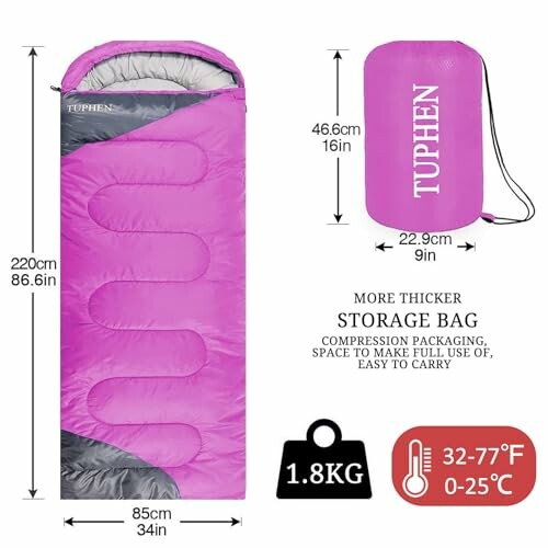 Pink sleeping bag with storage bag, dimensions and weight shown