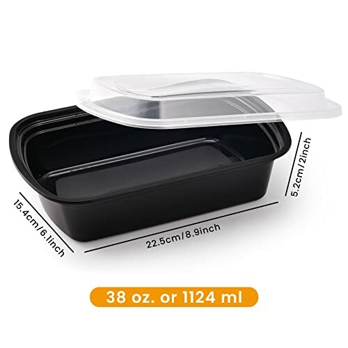 Plastic food container with lid and measurements.