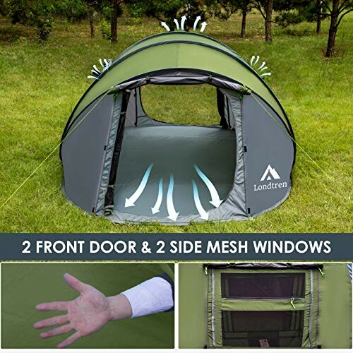 Pop-up camping tent with ventilation, front door and side mesh windows.