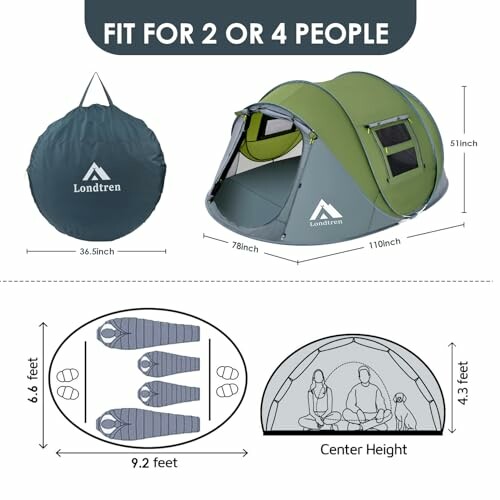 Pop-up tent specifications showing dimensions, fits 2 or 4 people, with storage bag.