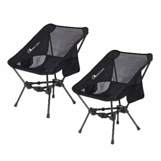 Two black portable camping chairs with mesh fabric and lightweight frames.