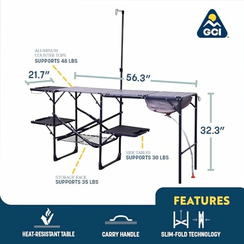 Foldable camping kitchen table with aluminum counter, storage rack, and side tables.