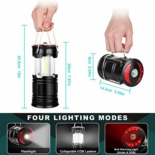 Collapsible LED camping lantern with four lighting modes.