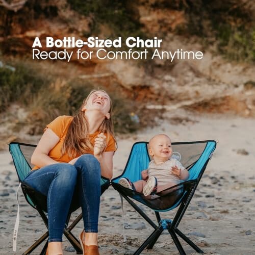 Woman and baby sitting on portable chairs outdoors