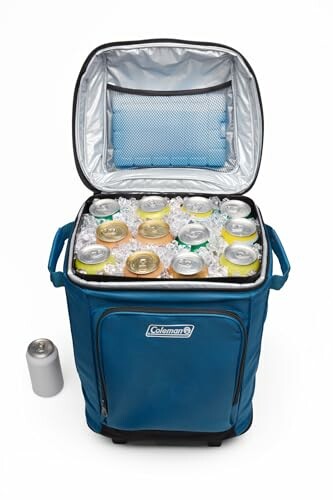 Open blue cooler filled with ice and canned drinks, with one can outside.