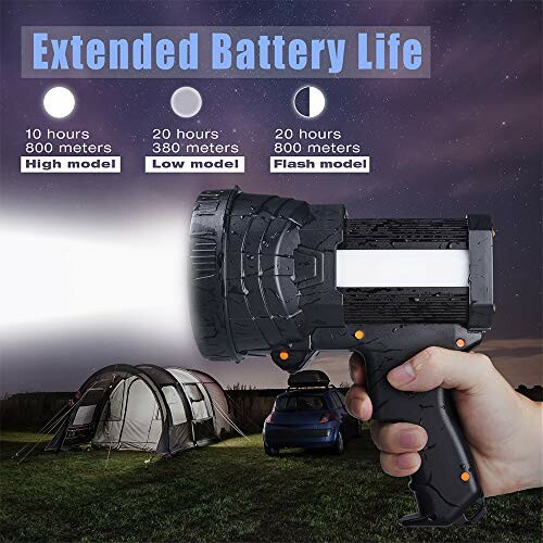 Hand holding a powerful flashlight with extended battery life, illuminating a campsite with tents and car.