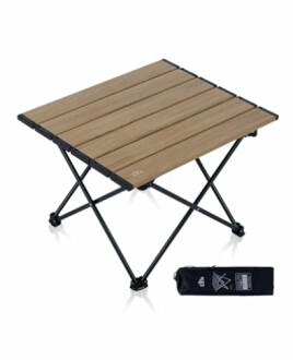 Compact folding camping table with carrying case.