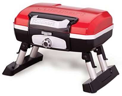 Red portable tabletop gas grill with folding legs