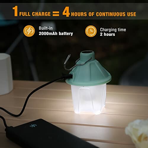 Portable lantern charging on a table with 2000mAh battery and 2-hour charging time.