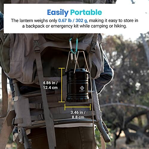 Person carrying a backpack with a portable lantern attached, perfect for hiking and camping trips.