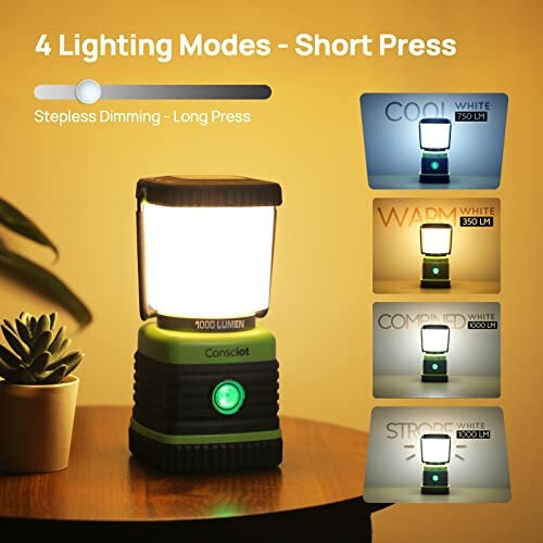 Portable lantern with four lighting modes and stepless dimming.