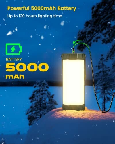 Portable lantern in snowy landscape with 5000mAh battery.