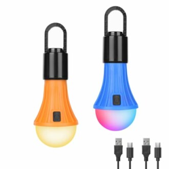 Two portable LED camping lights with USB cables.