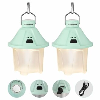 Two mint green portable LED lanterns with hooks and charging cable.