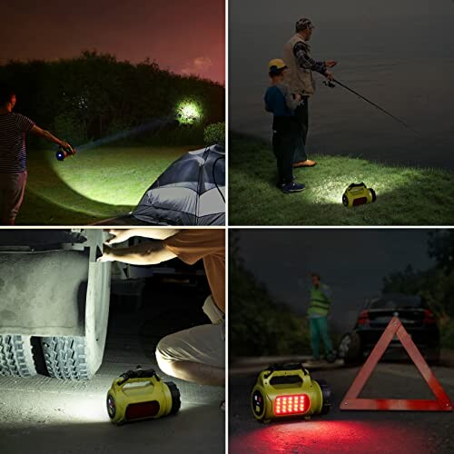 A portable light used in various scenarios: camping, fishing, car repair, and roadside emergency.