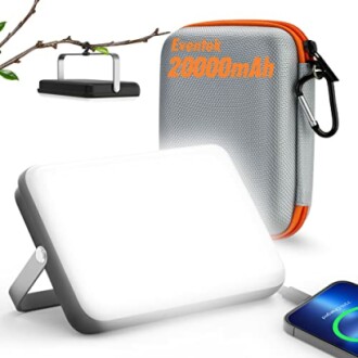 Portable power bank with 20000mAh capacity, gray case, and charging features.