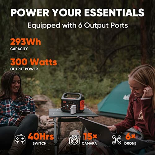 Two people camping using a portable power station with 293Wh capacity and 300 watts output, featuring six output ports.