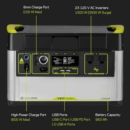 Portable power station with various charging ports and inverters.