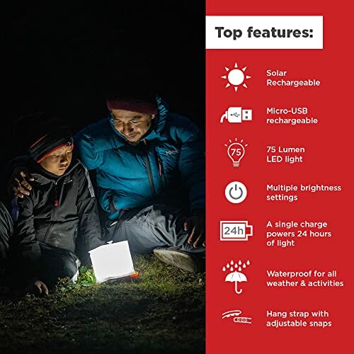 Two people using a bright solar rechargeable lantern at night with features listed: solar and micro-USB rechargeable, 75 lumen LED light, multiple brightness settings, 24-hour charge, waterproof, hang strap.