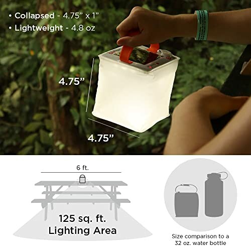 A portable solar lantern with dimensions and lighting area displayed.