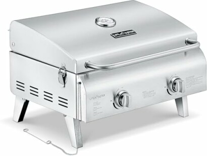 Portable stainless steel gas grill with two control knobs.