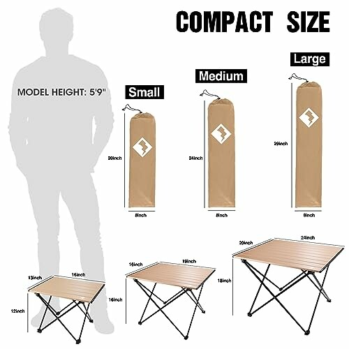 Size comparison of small, medium, and large portable tables with model height reference