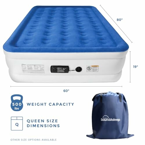 Queen size air mattress with built-in pump and storage bag.