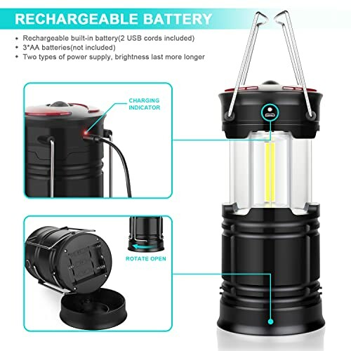 Rechargeable lantern with charging indicator and battery compartment details.