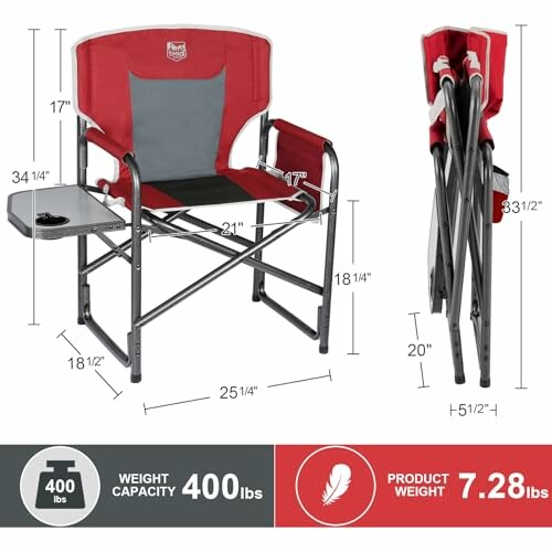 Red folding camping chair with side table, weight capacity of 400 lbs, and product weight of 7.28 lbs.