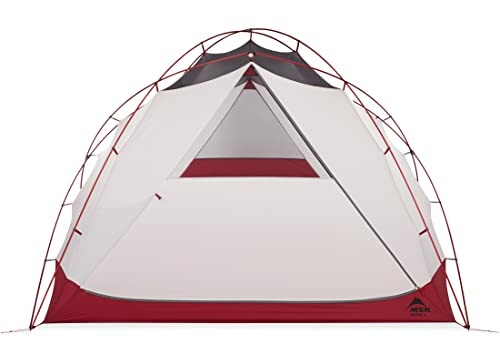 Red and white camping tent with mesh windows