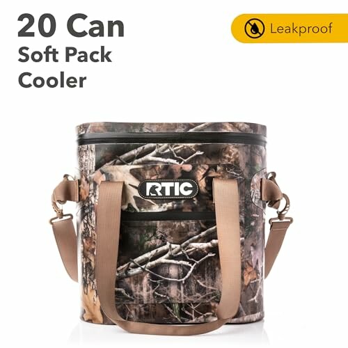 RTIC 20 Can Soft Pack Cooler in camouflage design with leakproof feature.