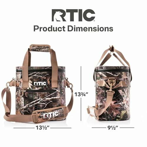 RTIC camo bag product dimensions with handles and shoulder strap.